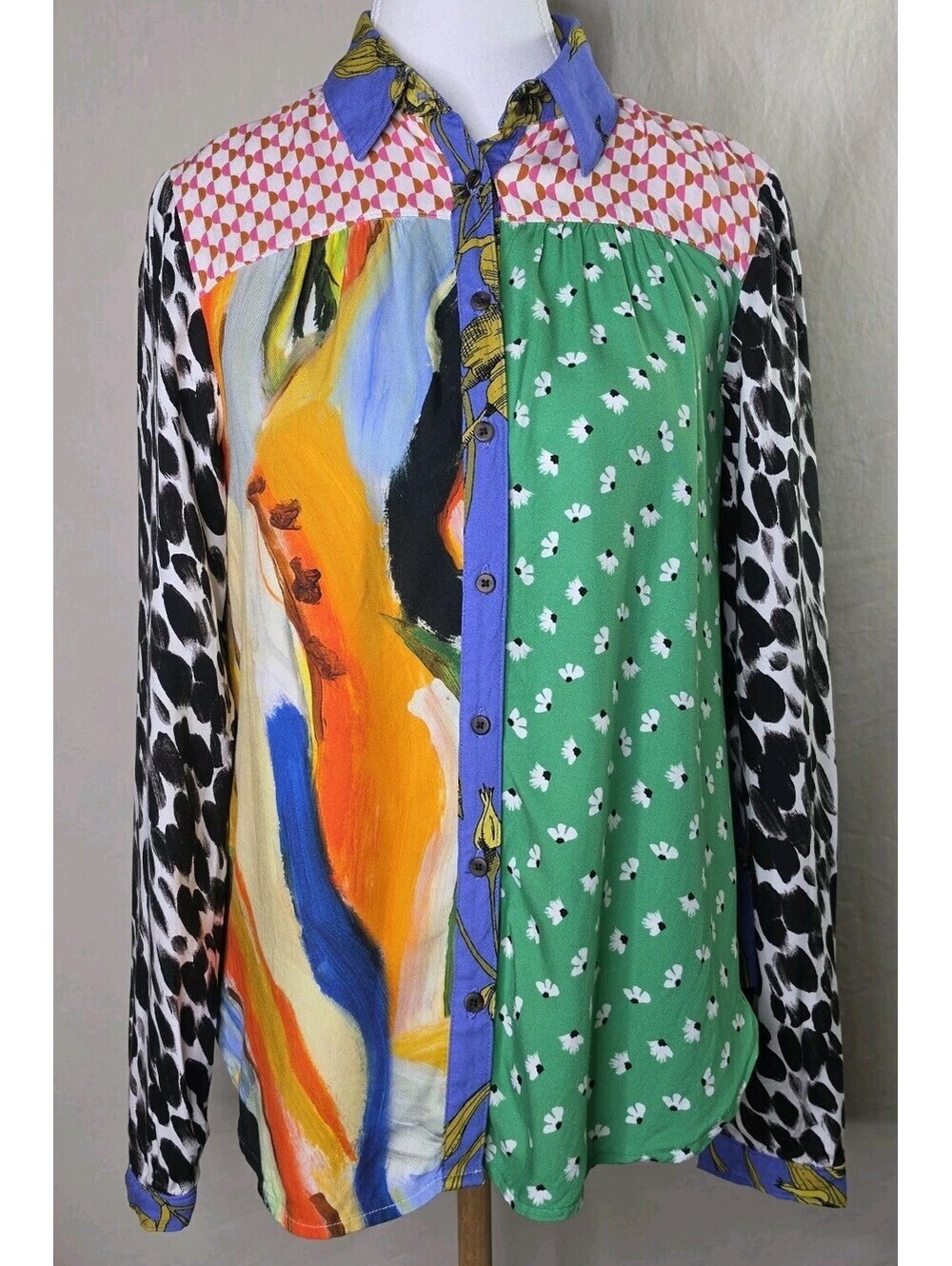 Maeve Anthropologie Paz Contrast Print Patchwork Button Down Shirt Blouse XS
